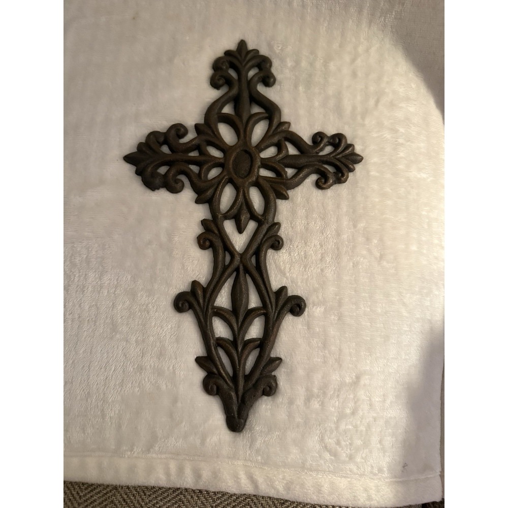 Cast Iron Wall Cross Plaque Brown Distressed Rustic Primitive Christian Decor